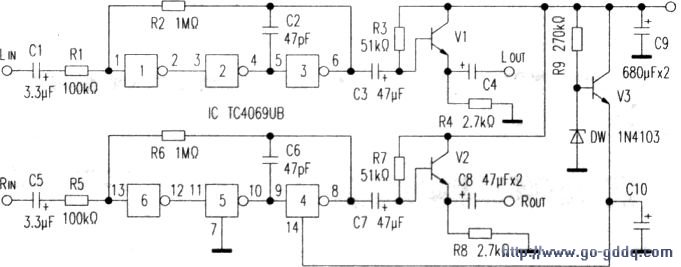 用TC4069制作的双声道线路放大器