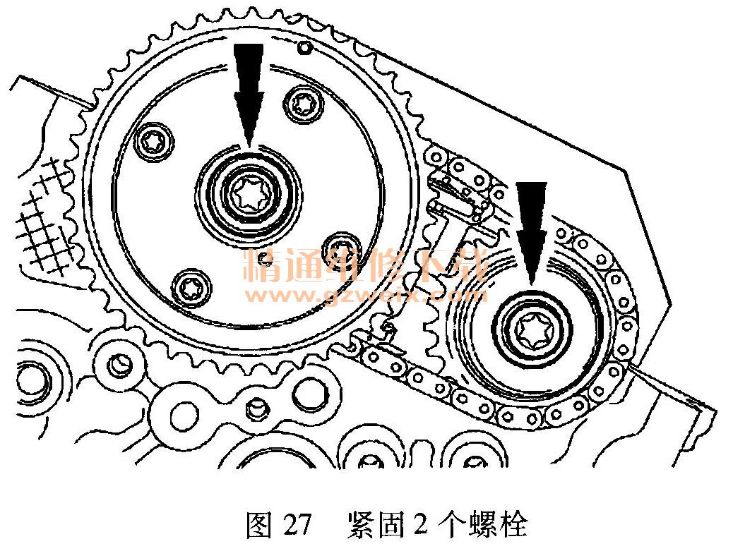 )拆卸左侧次级正时链条张紧器内插入的限位销,如图28所示.-福特高清图片