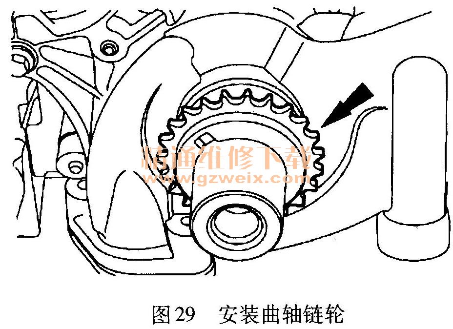 13)安装主正时链条,并确保正时链条上的镀色链节与可变凸轮轴正时高清图片