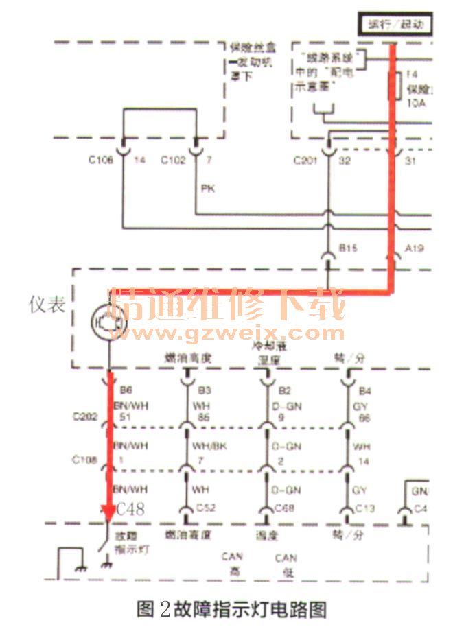 别克凯越发动机故障灯不亮、无法启动